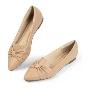 Comfortable Pointed Toe Slip on Women's Flats Shoes, Nude Pu Leather, Size 9